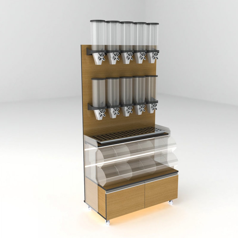 bulk food merchandising fixture with 10 dispensers and 6 scoop bins-sells up to 22 items