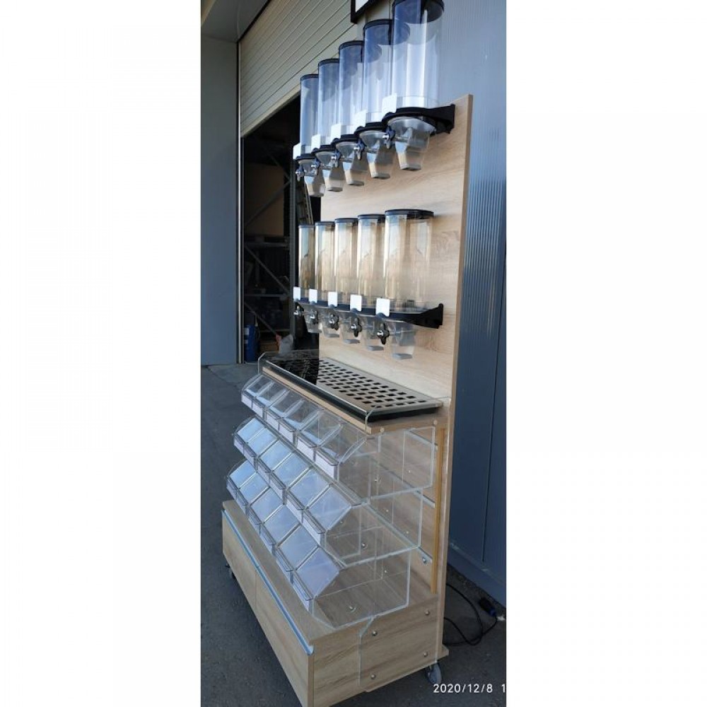 bulk food merchandising fixture with 10 dispensers and 9 scoop bins-sells up to 28 items