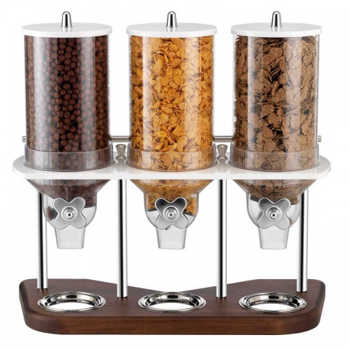 vario trio cereal dispenser with lacquer coated beech tray 3 x 4 liters