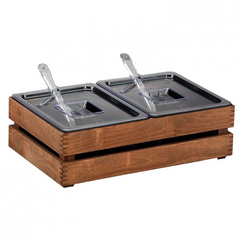 crate gourmet stand 2x8,5l incl. black containers,  lids, grills, spoons, birch base walnut finish